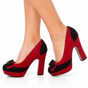 Design By Jacobies Red Black Suede Platform Bow Pumps Heels 7.5